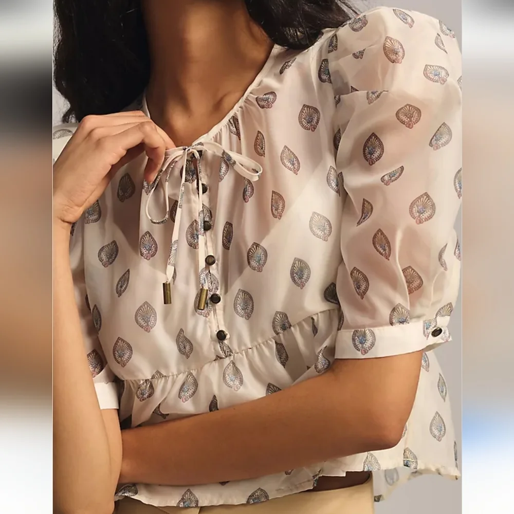 Anthropologie Puff Sleeve Henley Sheer Size XS